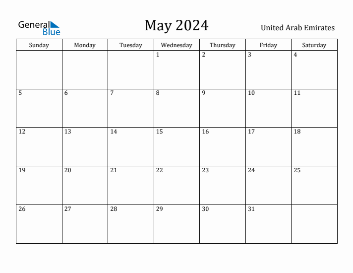 May 2024 Monthly Calendar with United Arab Emirates Holidays