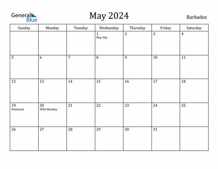 May 2024 Calendar Barbados