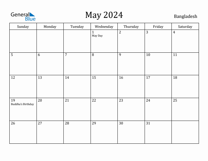 May 2024 Monthly Calendar with Bangladesh Holidays
