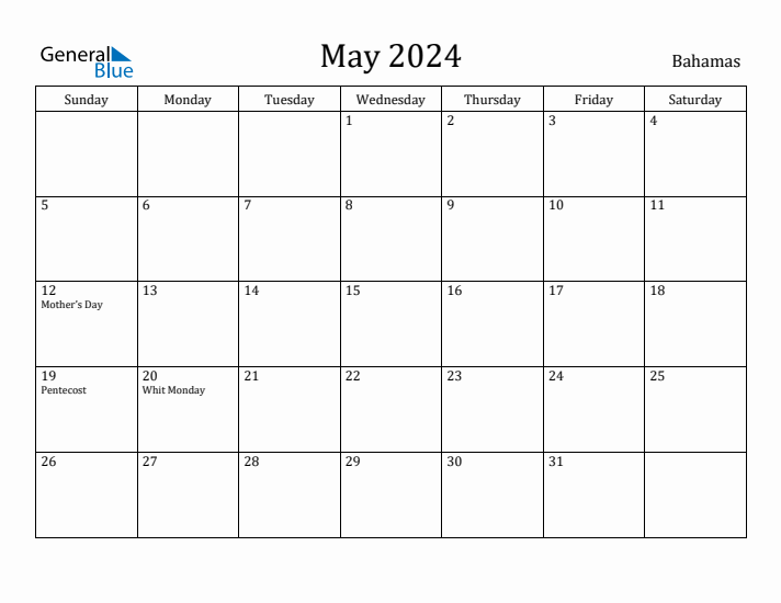May 2024 Monthly Calendar with Bahamas Holidays