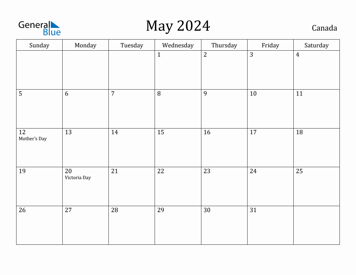 May 2024 monthly calendar with holidays in Canada