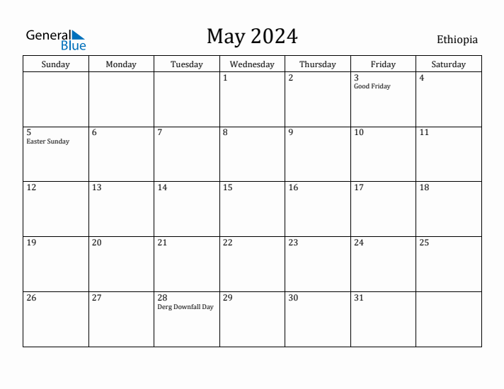 May 2024 Monthly Calendar with Ethiopia Holidays