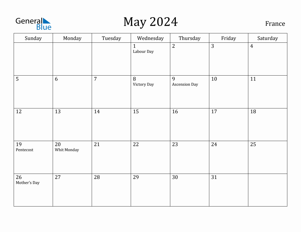 May 2024 Monthly Calendar with France Holidays