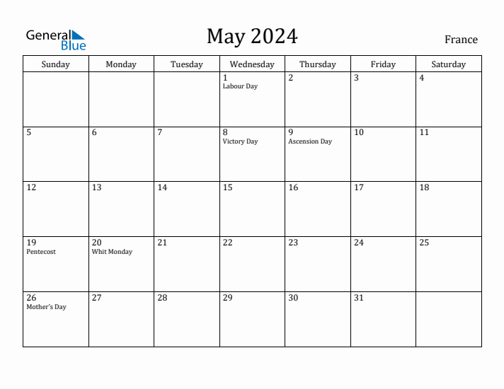 May 2024 Monthly Calendar with France Holidays