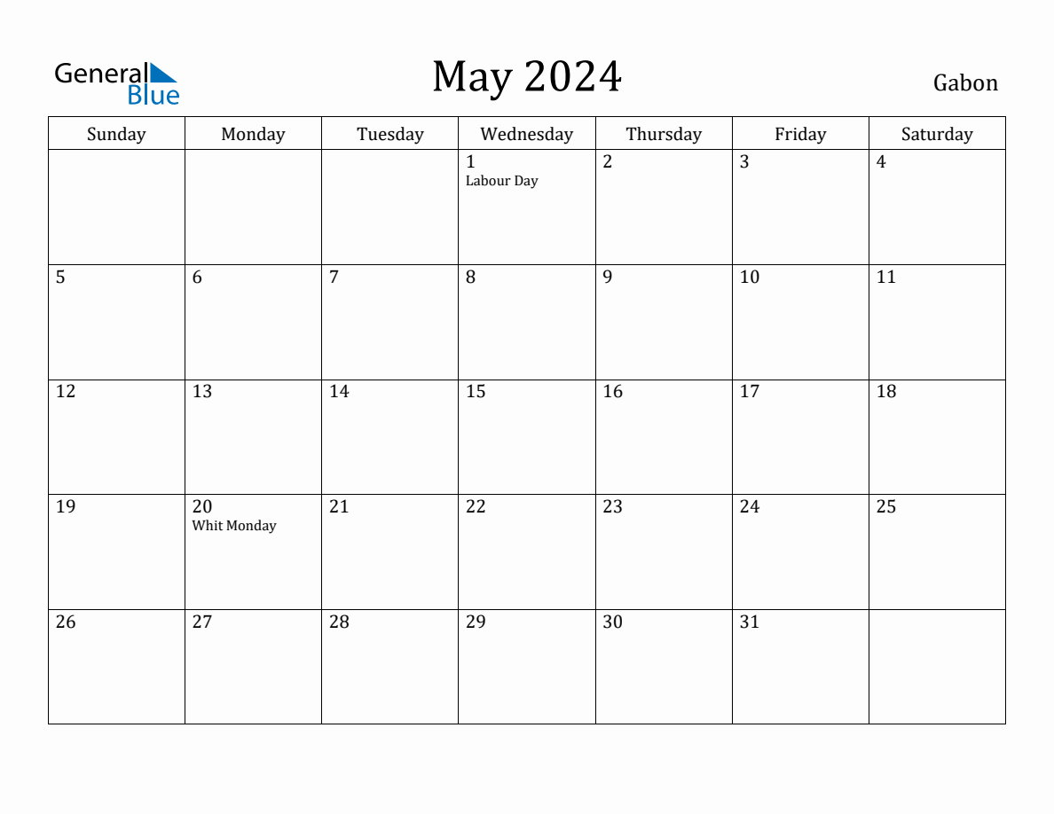 May 2024 Monthly Calendar with Gabon Holidays