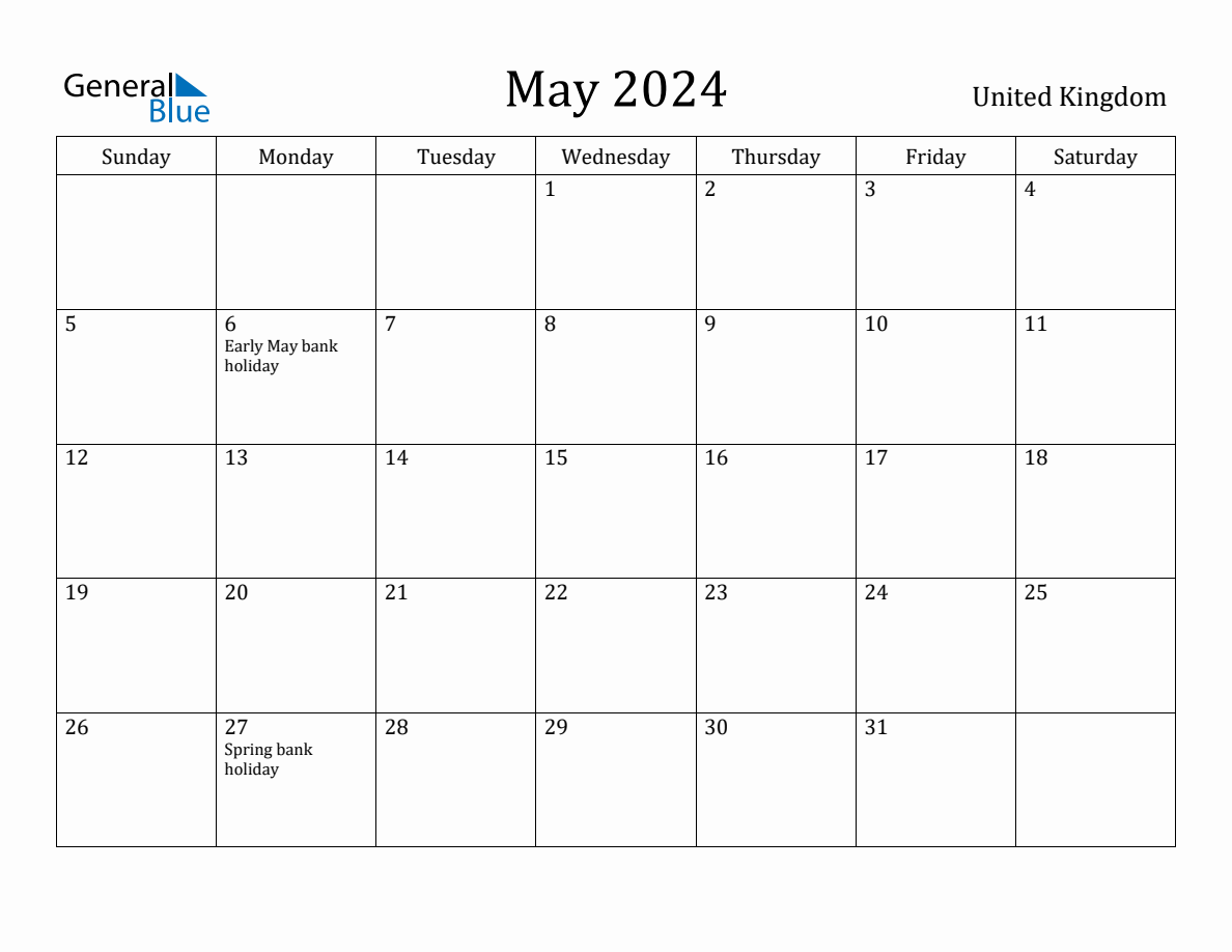 May 2024 monthly calendar with holidays in United Kingdom