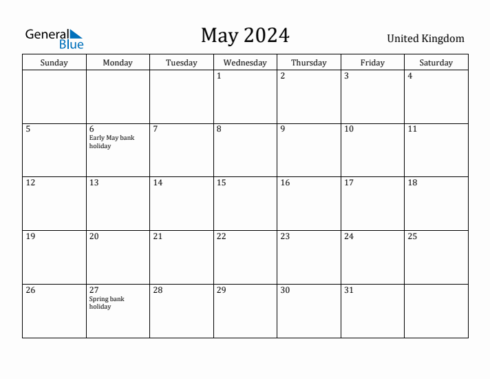 May 2024 Calendar United Kingdom