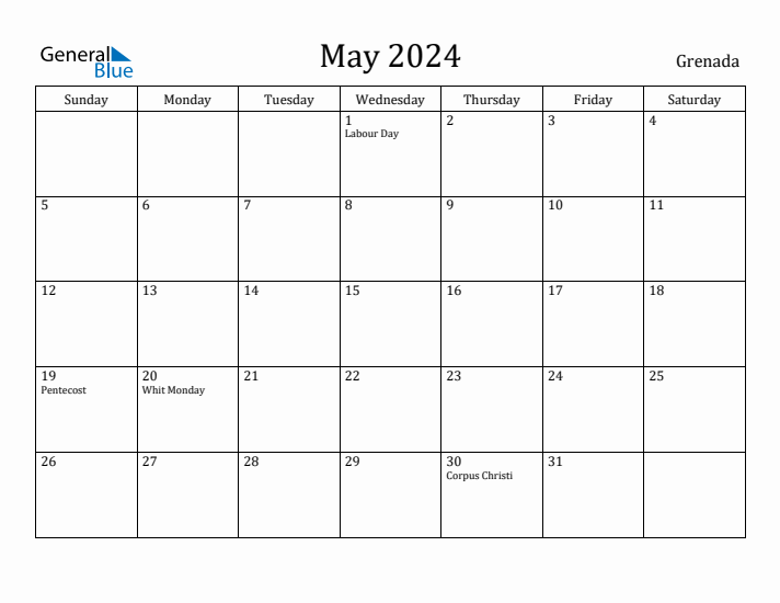 May 2024 Monthly Calendar with Grenada Holidays