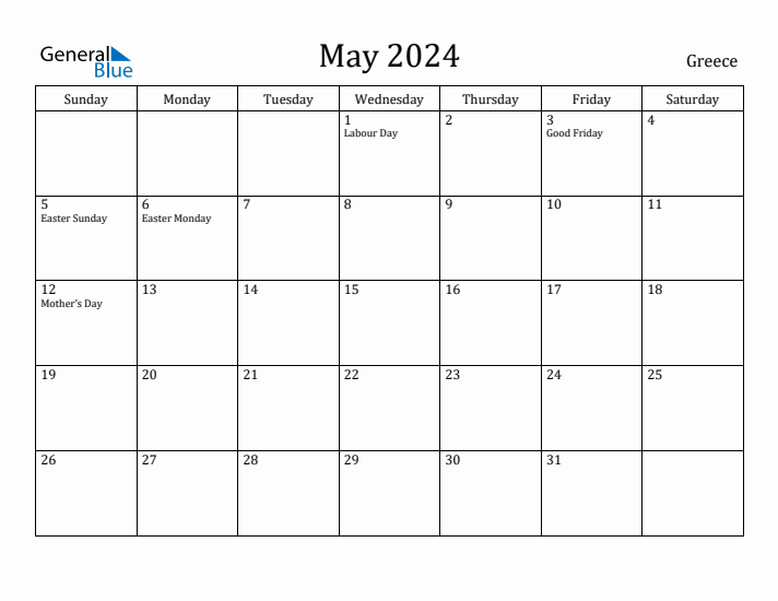 May 2024 Monthly Calendar with Greece Holidays