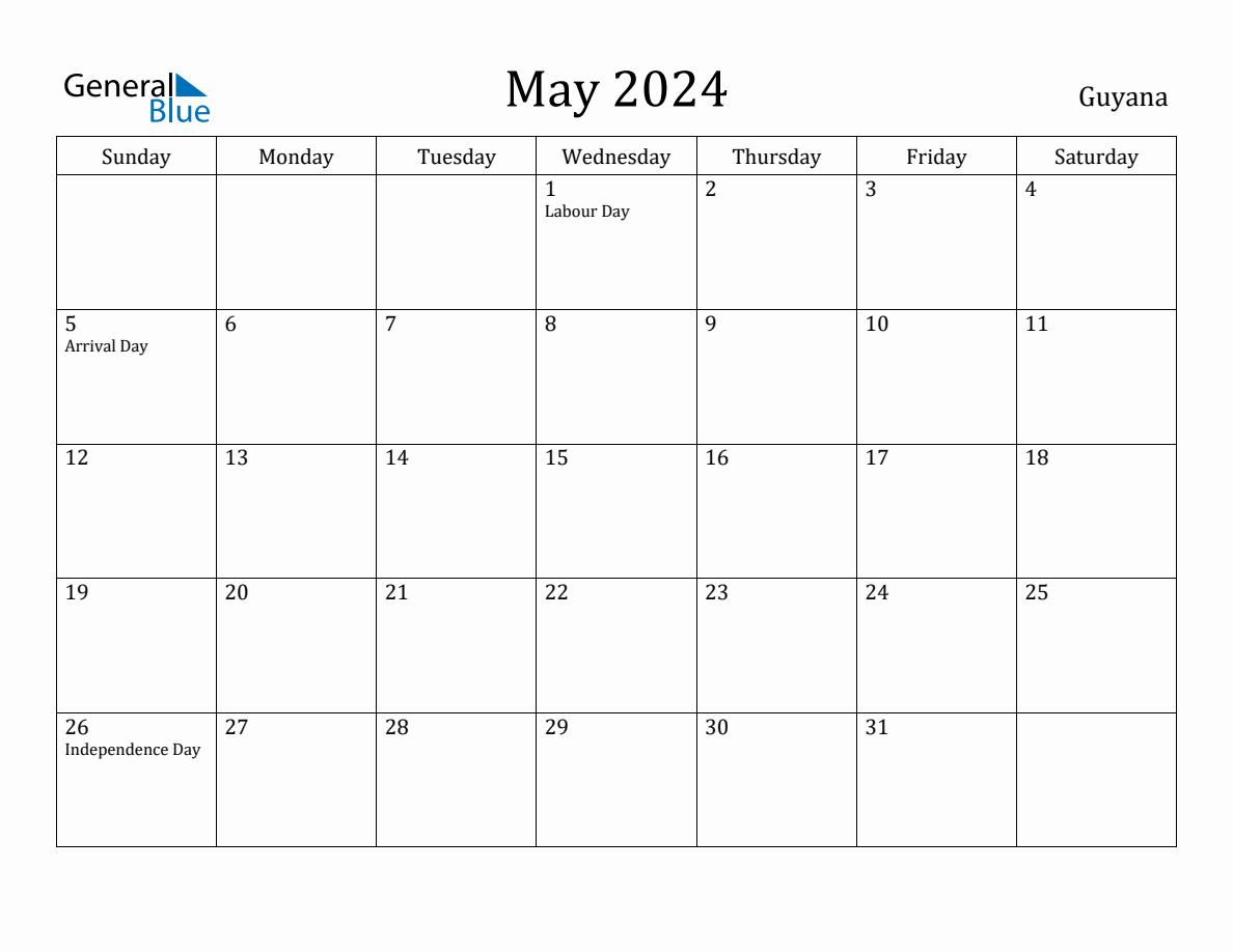 May 2024 Monthly Calendar with Guyana Holidays