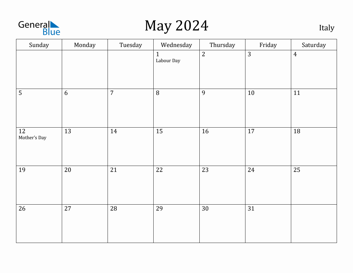 May 2024 monthly calendar with holidays in Italy