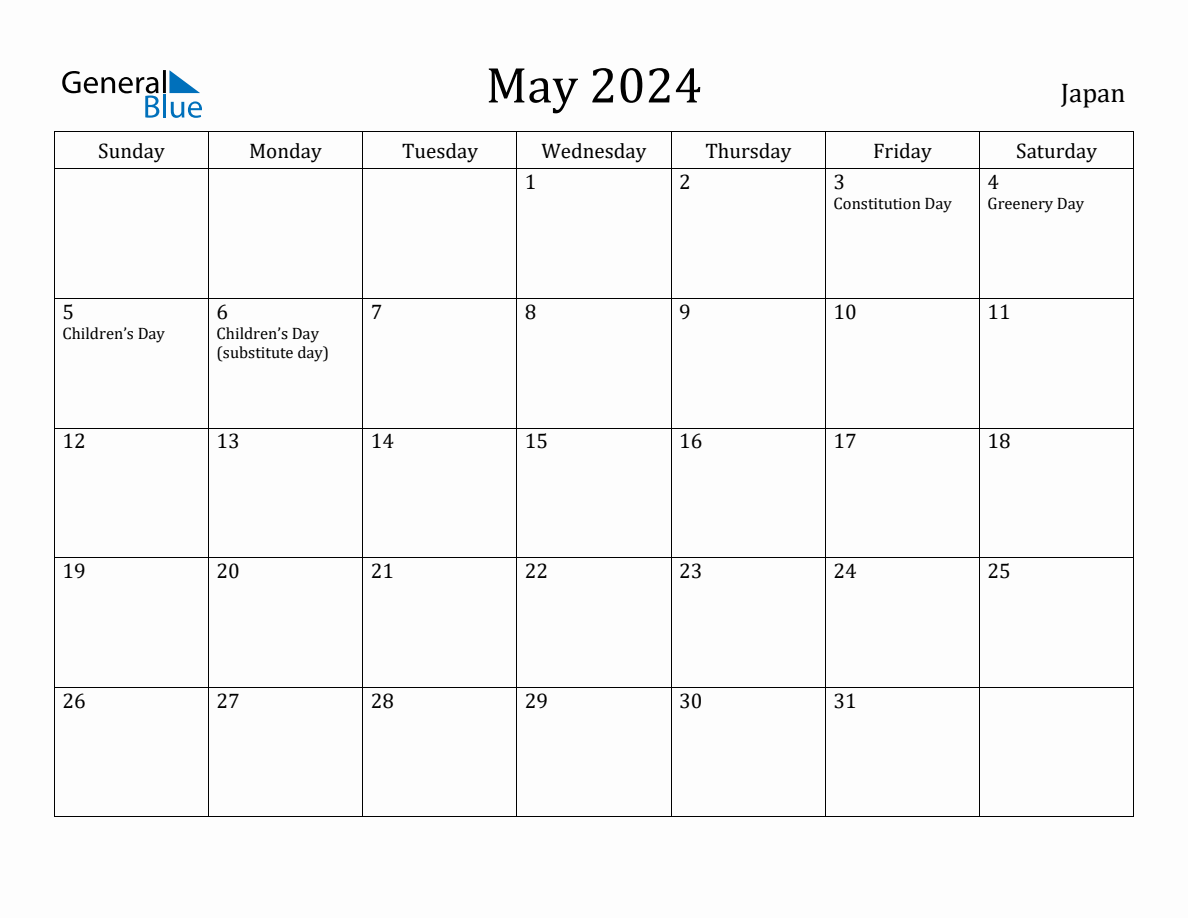 May 2024 monthly calendar with holidays in Japan