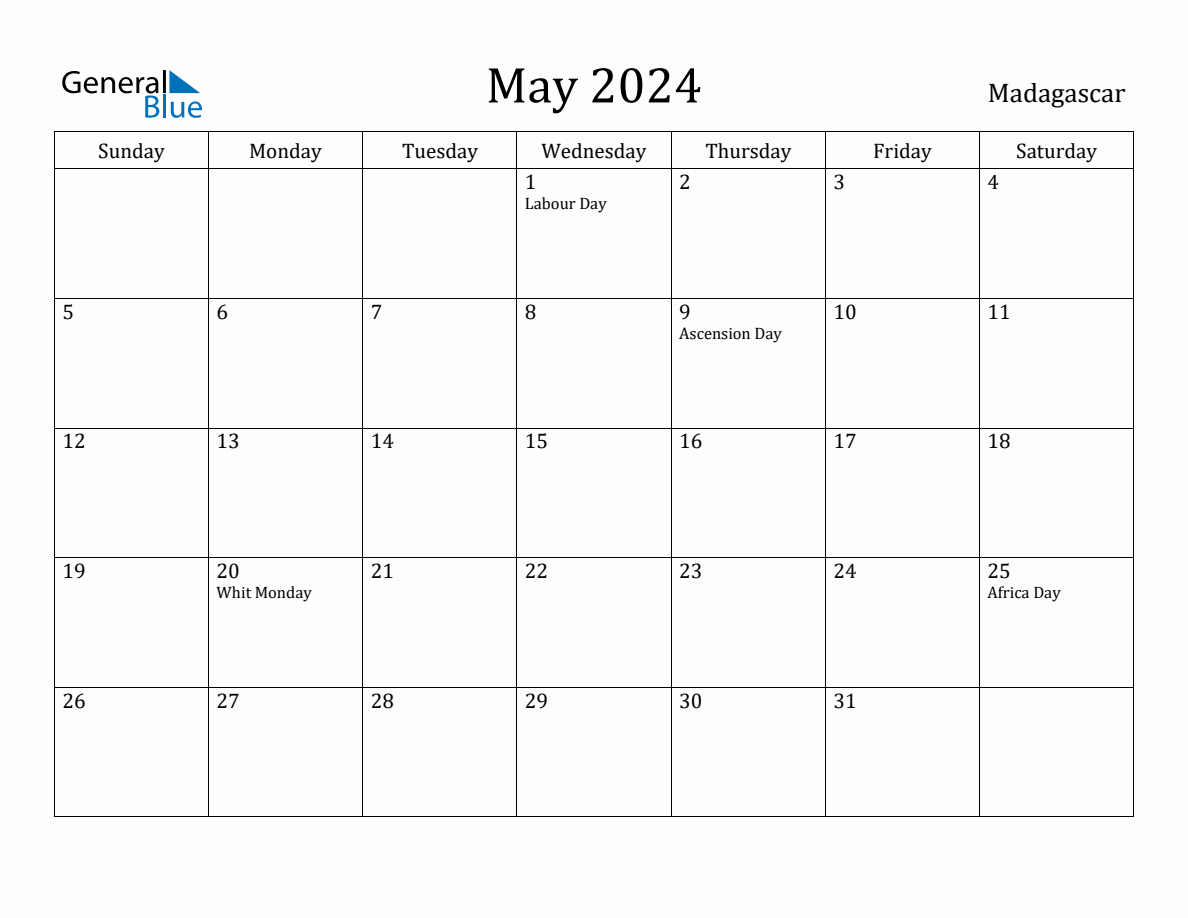 May 2024 Monthly Calendar with Madagascar Holidays