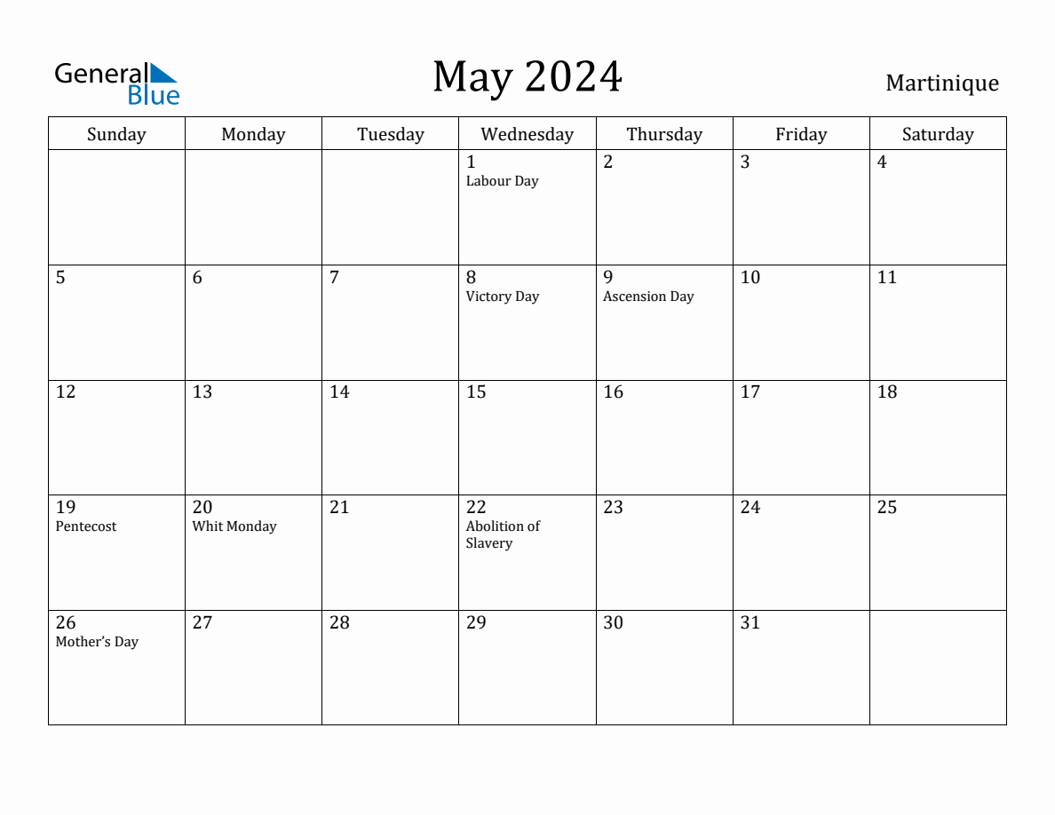 May 2024 Monthly Calendar with Martinique Holidays