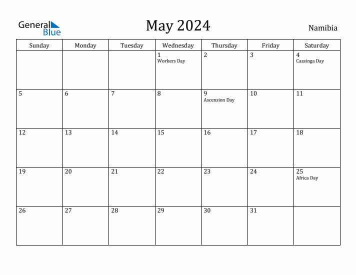 May 2024 Monthly Calendar with Namibia Holidays