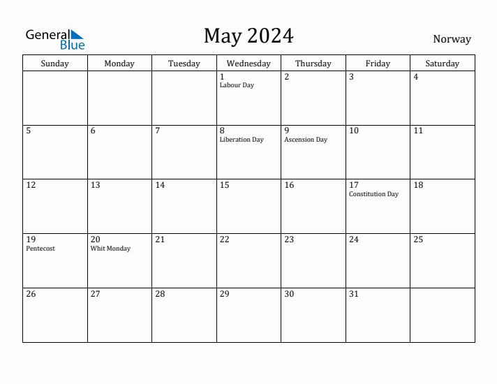 May 2024 Monthly Calendar with Norway Holidays