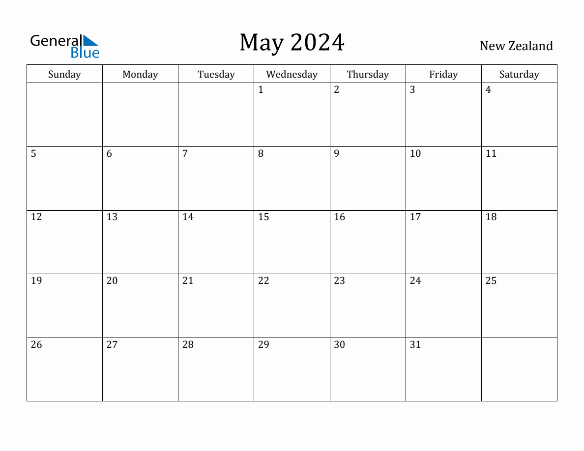 May 2024 monthly calendar with holidays in New Zealand