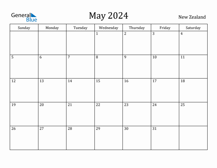 May 2024 Monthly Calendar with New Zealand Holidays