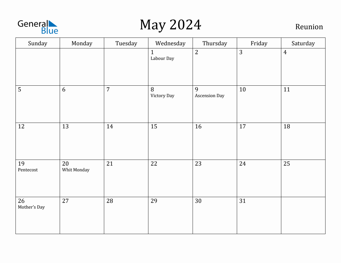 May 2024 Monthly Calendar with Reunion Holidays