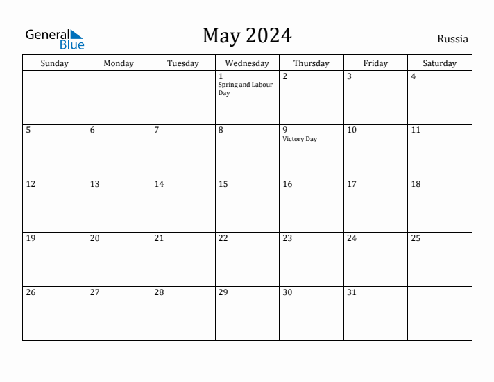 May 2024 Monthly Calendar with Russia Holidays