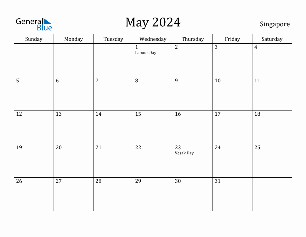 May 2024 monthly calendar with holidays in Singapore