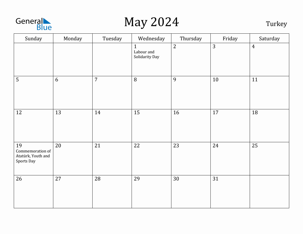 May 2024 Monthly Calendar with Turkey Holidays