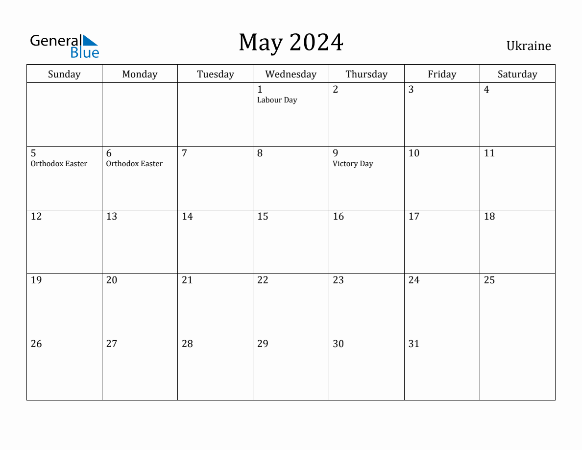 May 2024 Monthly Calendar with Ukraine Holidays