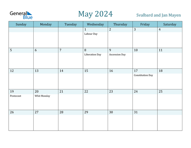 Svalbard and Jan Mayen May 2024 Calendar with Holidays