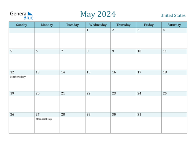 May 2024 Calendar With United States Holidays