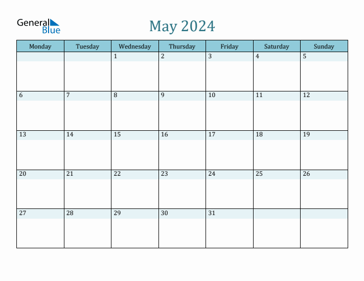May 2024 Monthly Calendar Template (Monday Start)