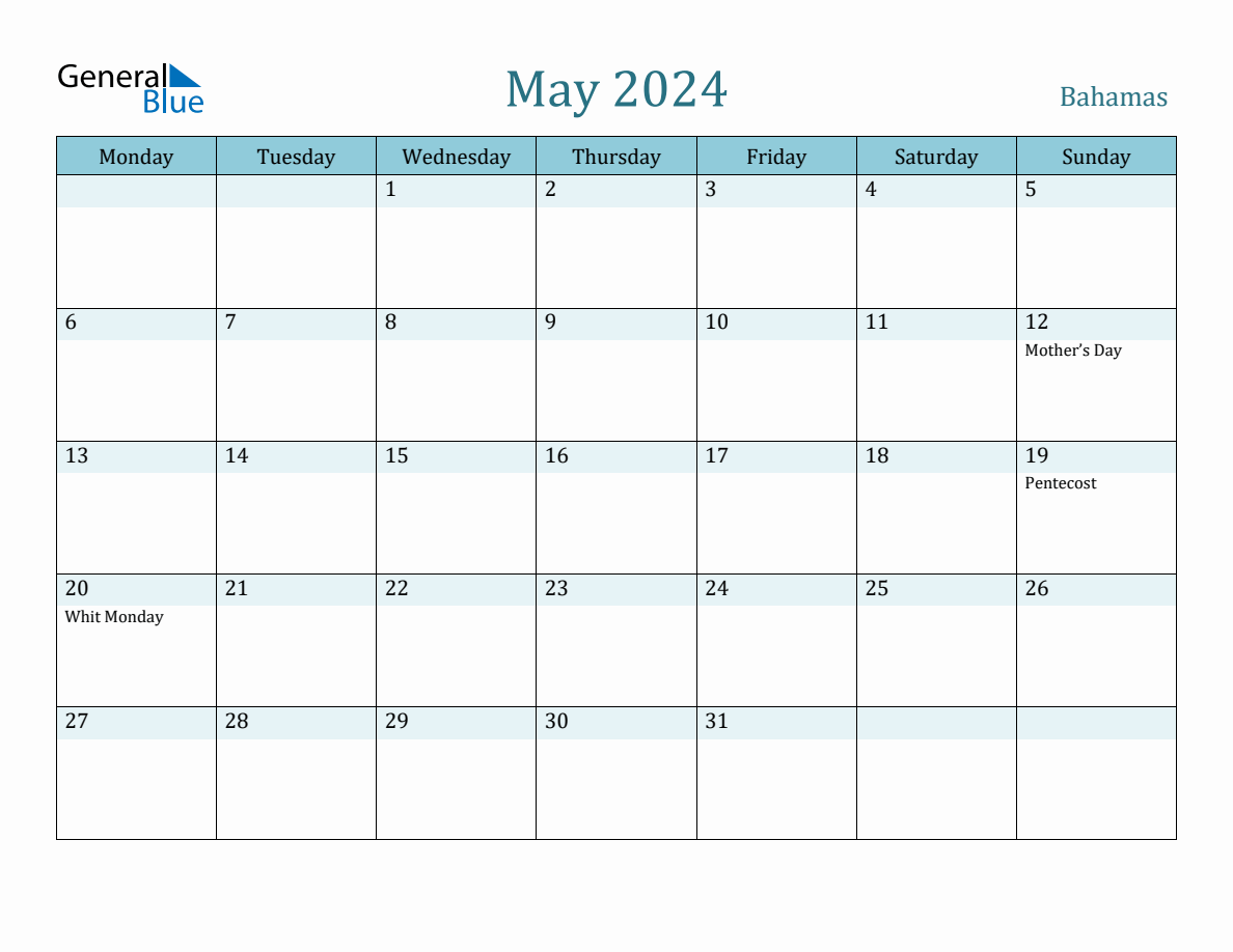 Bahamas Holiday Calendar for May 2025