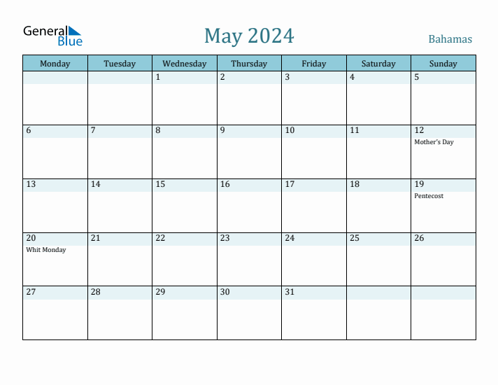 May 2024 Bahamas Monthly Calendar with Holidays