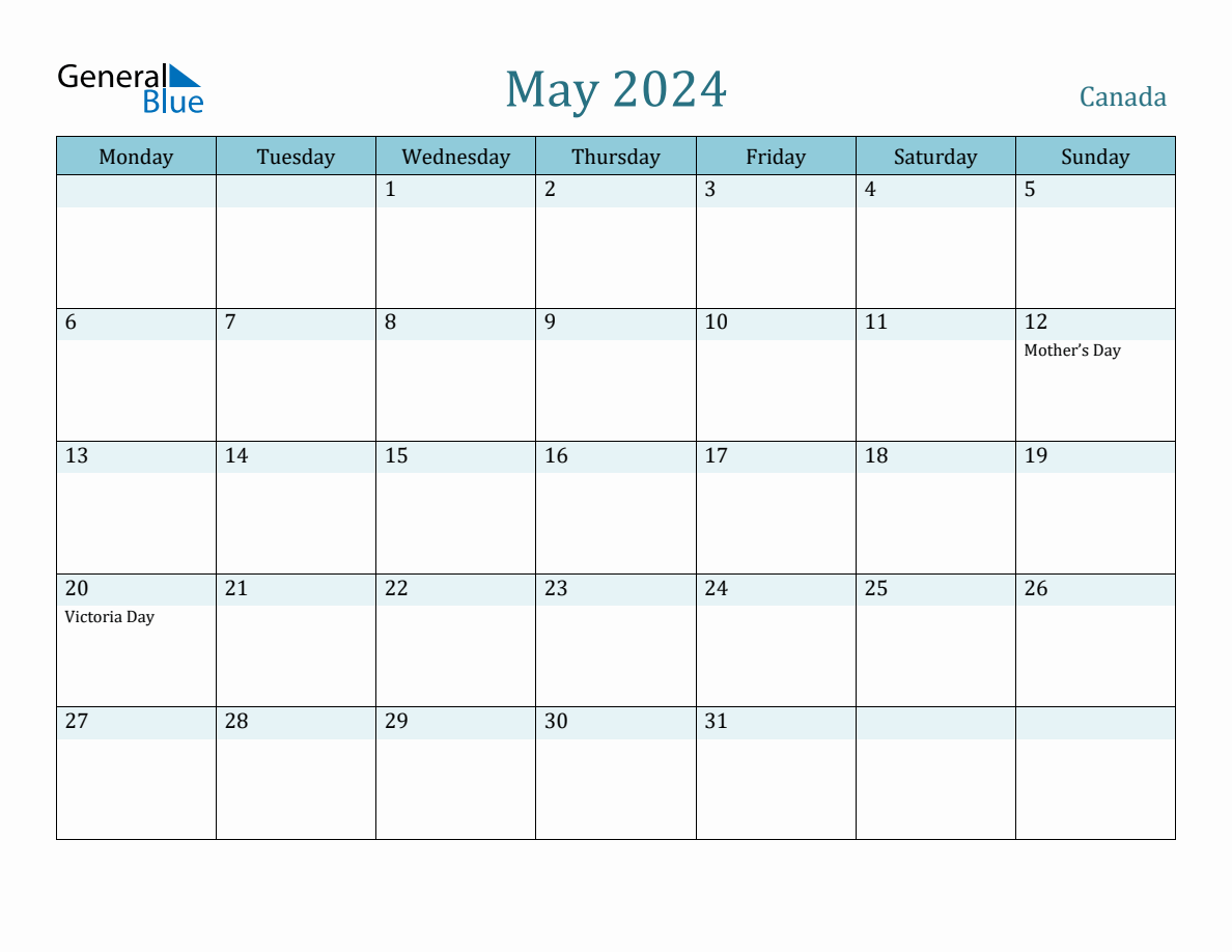 Canada Holiday Calendar for May 2024