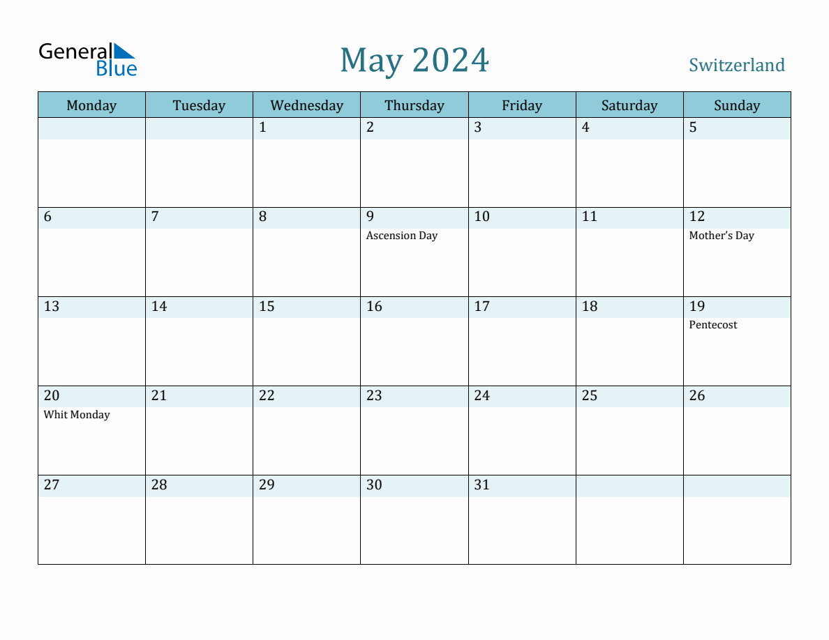 Switzerland Holiday Calendar for May 2024