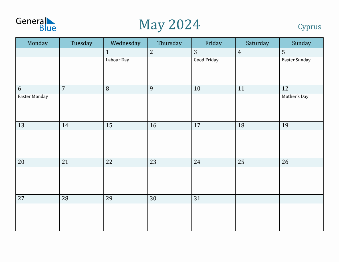 Cyprus Holiday Calendar for May 2024
