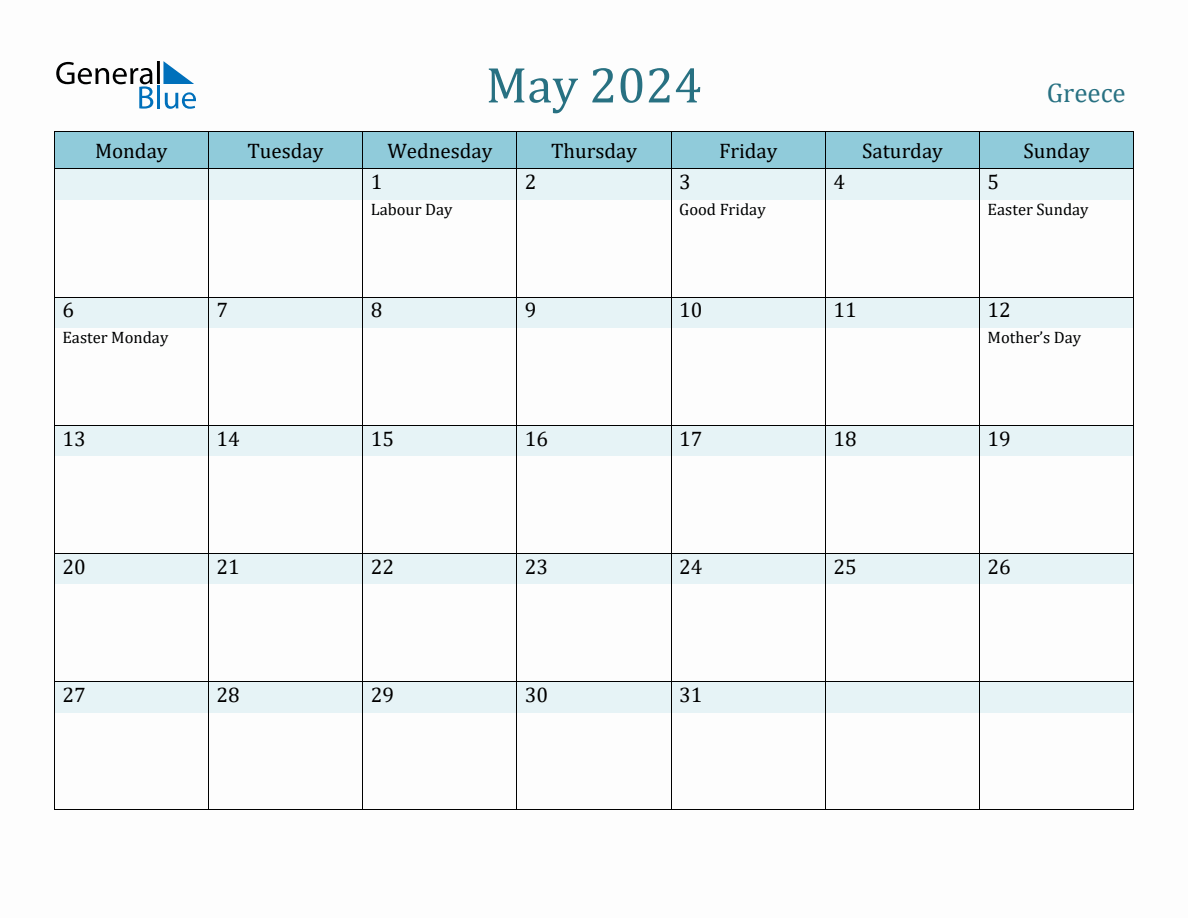 Greece Holiday Calendar for May 2024