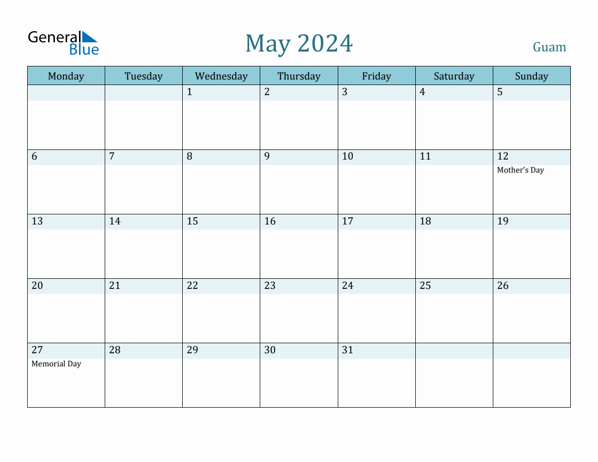 Guam Holiday Calendar for May 2024