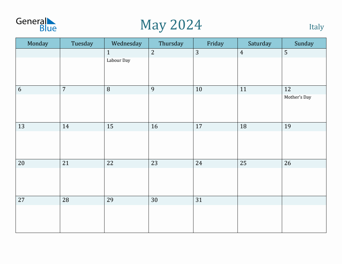 Italy Holiday Calendar for May 2024