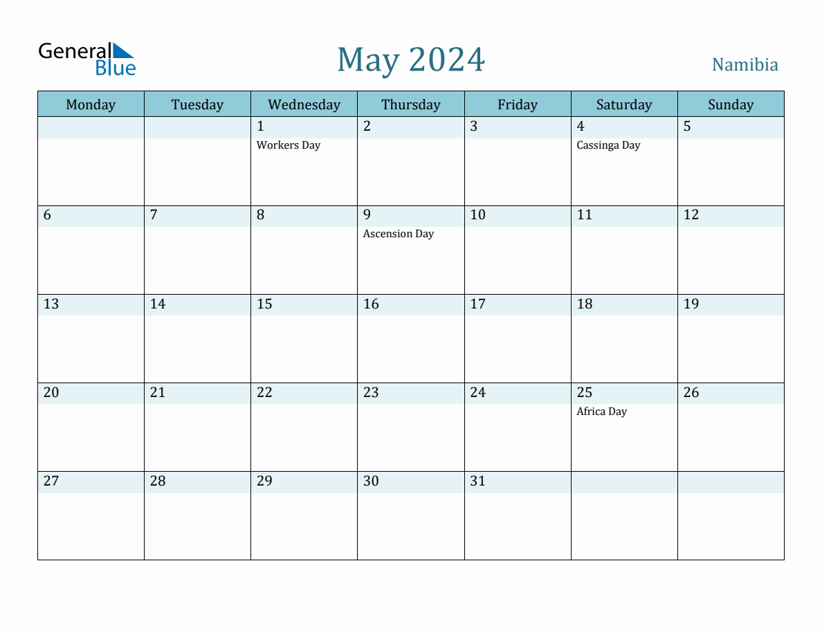 Namibia Holiday Calendar for May 2024