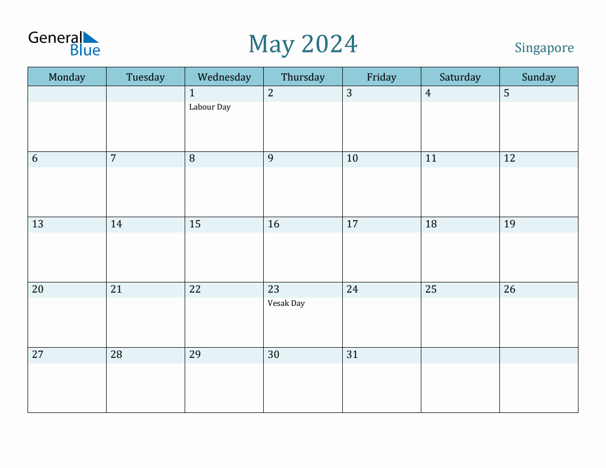 Singapore Holiday Calendar for May 2024