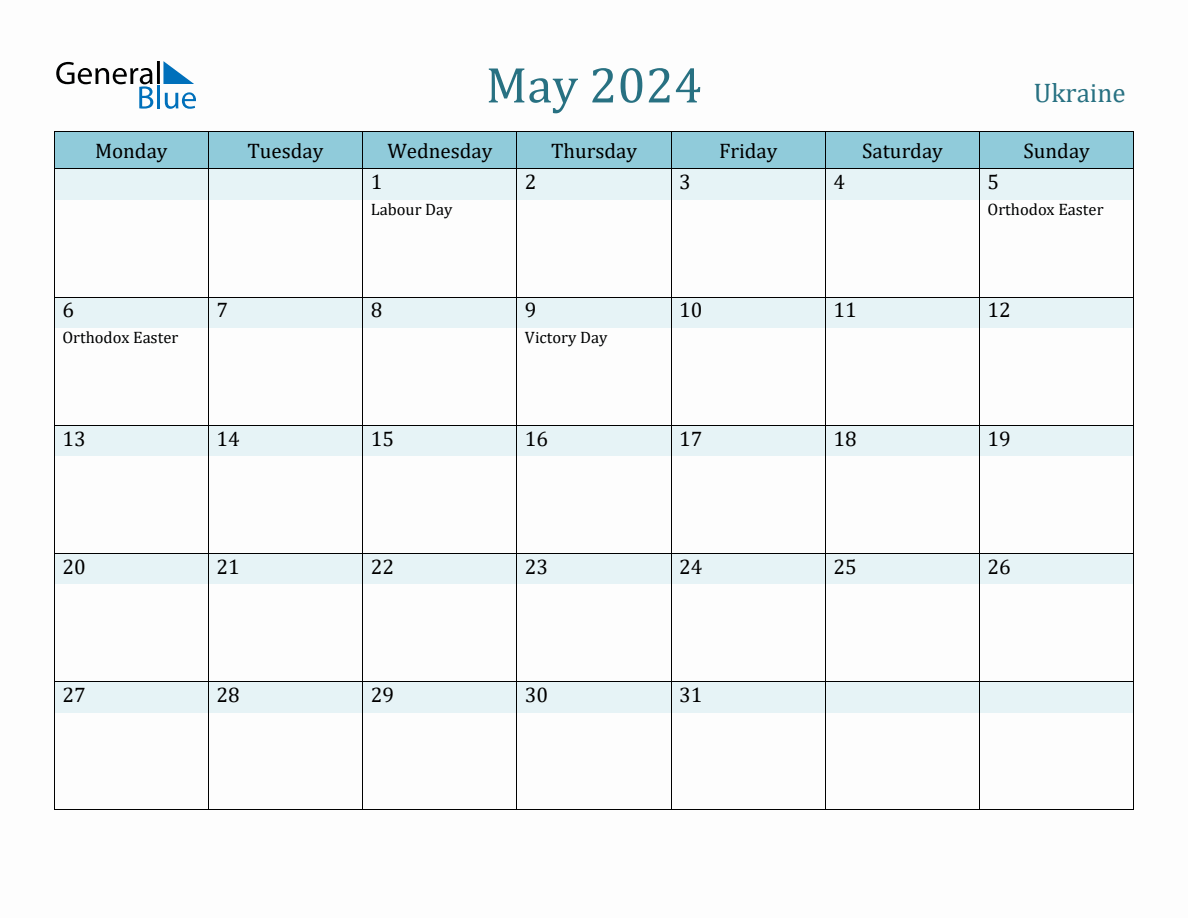 Ukraine Holiday Calendar for May 2024