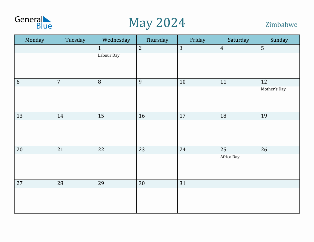 Zimbabwe Holiday Calendar for May 2024