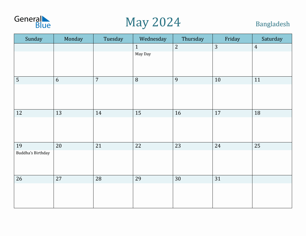 Bangladesh Holiday Calendar for May 2024