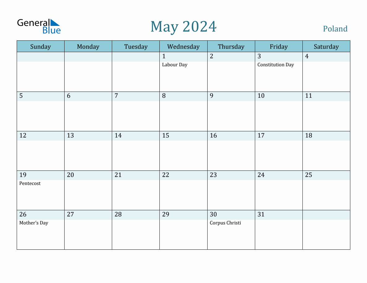 Poland Holiday Calendar for May 2024