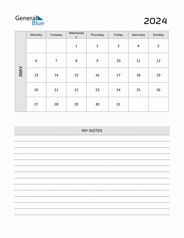 May 2024 Monday Start Calendar (PDF, Excel, Word)