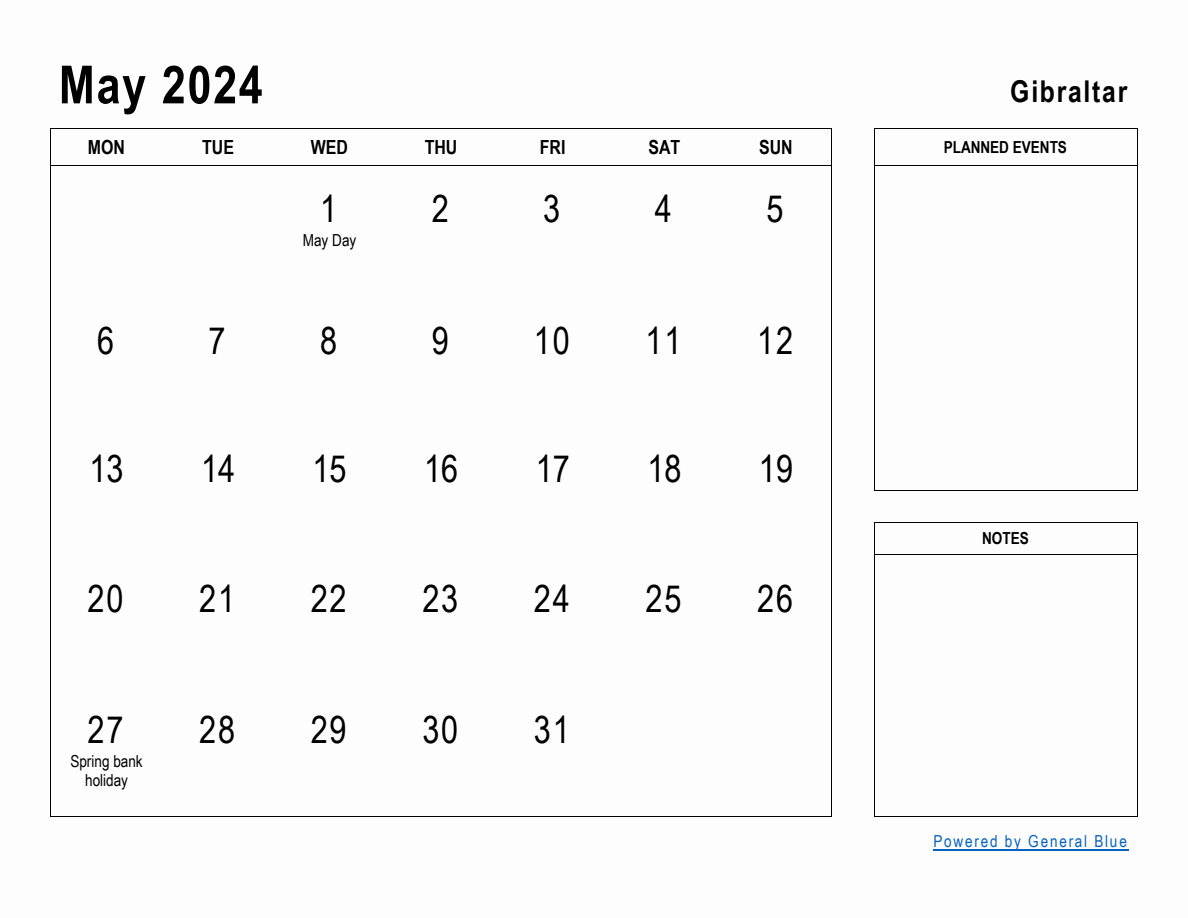 May 2024 Planner with Gibraltar Holidays