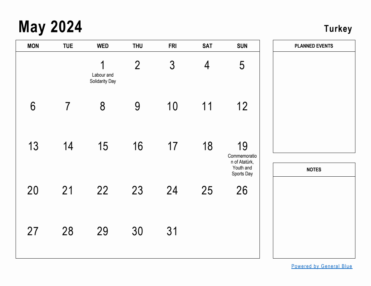 May 2024 Planner with Turkey Holidays