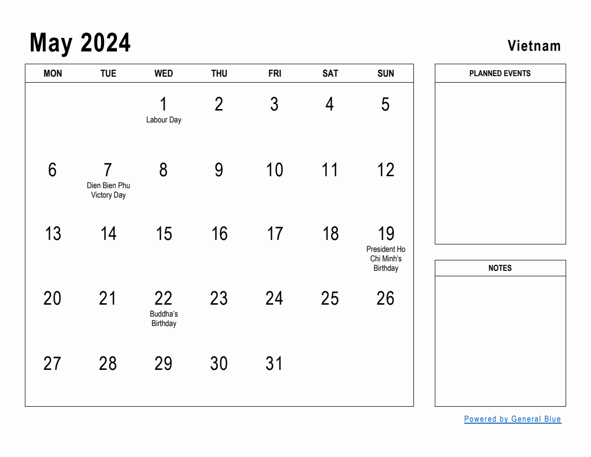 May 2024 Planner with Vietnam Holidays