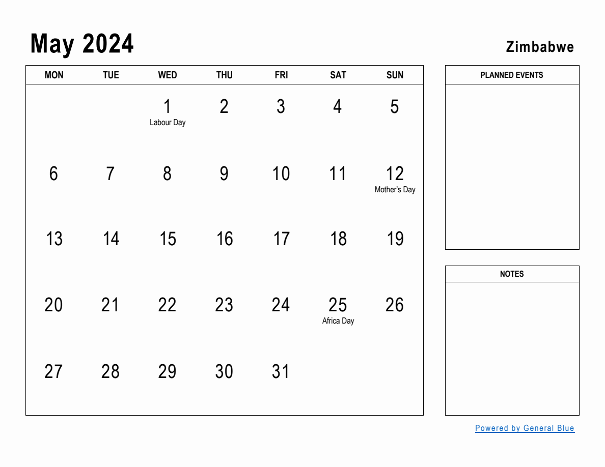 May 2024 Planner with Zimbabwe Holidays