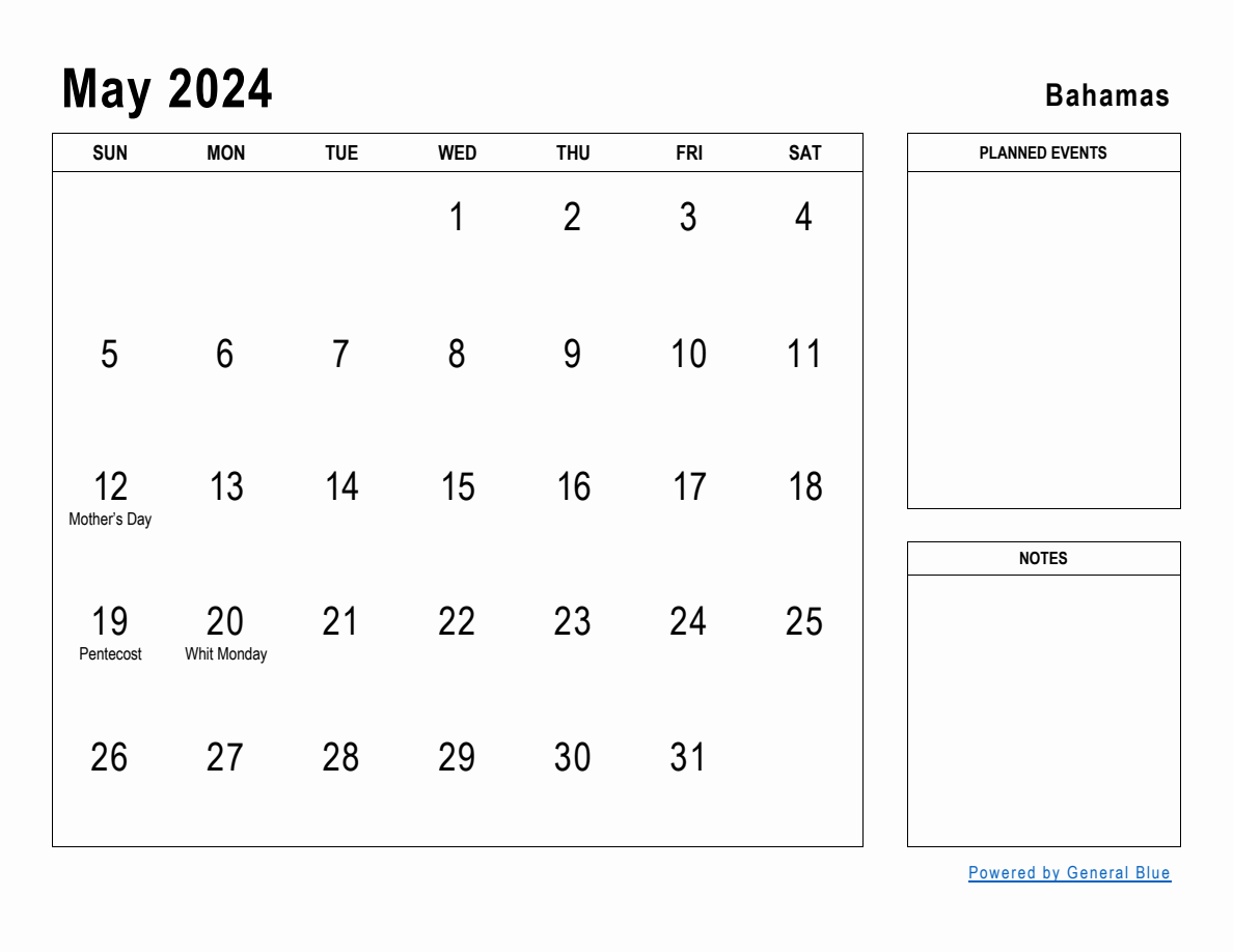 May 2024 Planner with Bahamas Holidays